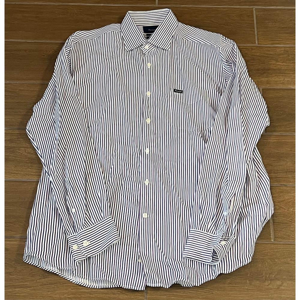 Faconnable Club Deauville Mens XL Stripe Button Down Shirt Navy Purple Cotton